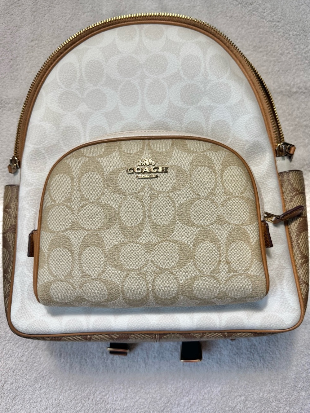 Coach Signature Canvas Backpack Tan Brown Leather Trim Gold Hardware